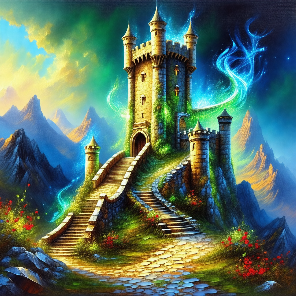 Large, colorful castle with a green roof, situated on a h...