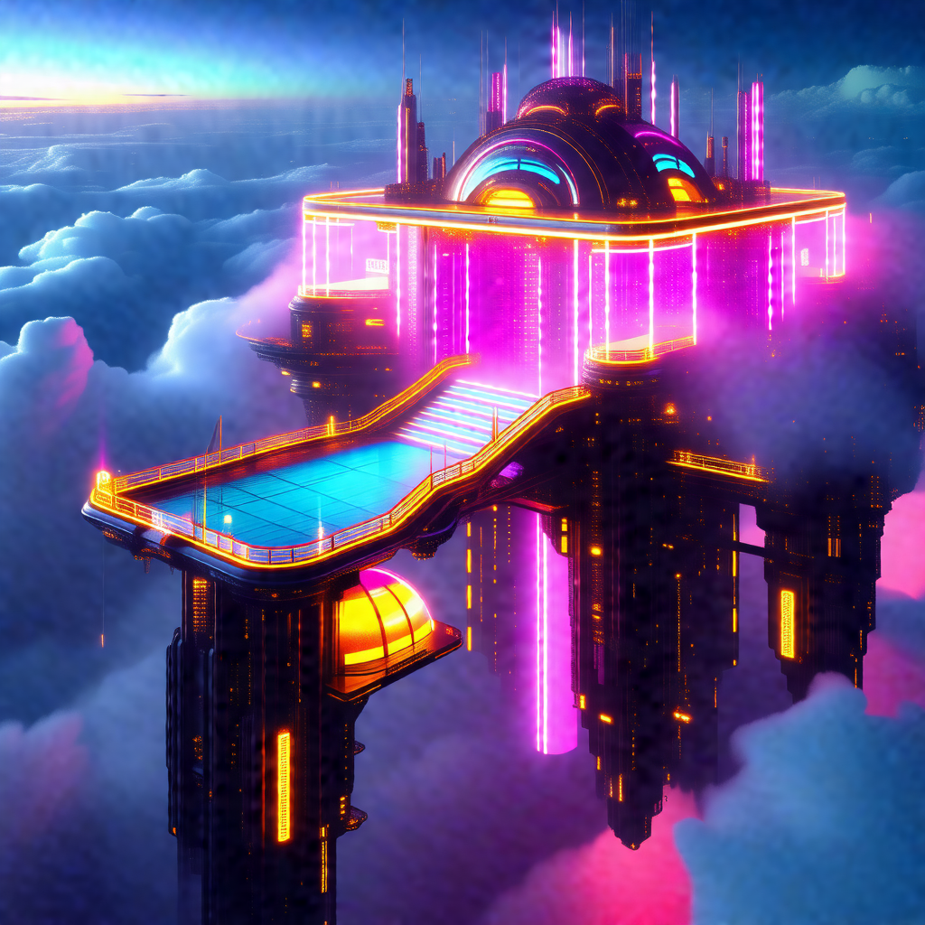 Colorful and imaginative drawing of a futuristic city wit...