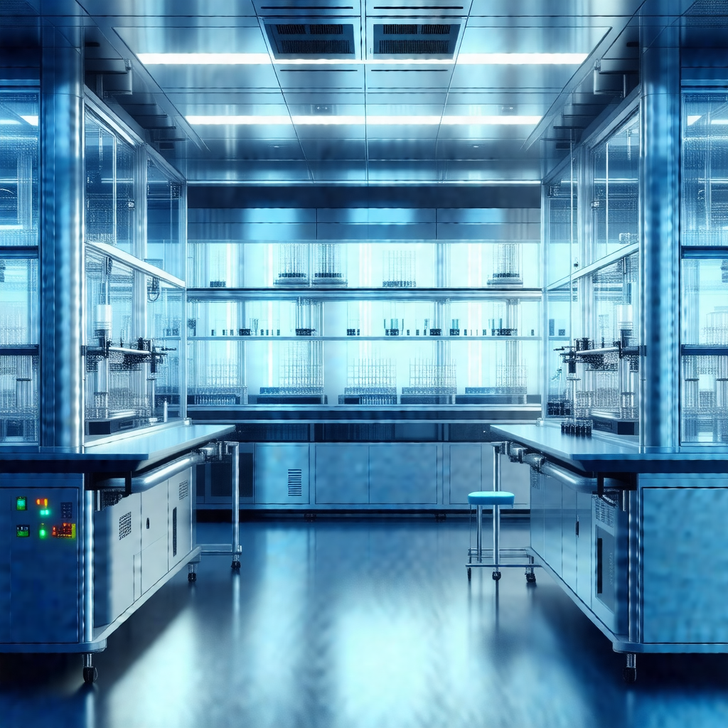Clean and well-organized laboratory with a blue-lit atmos...