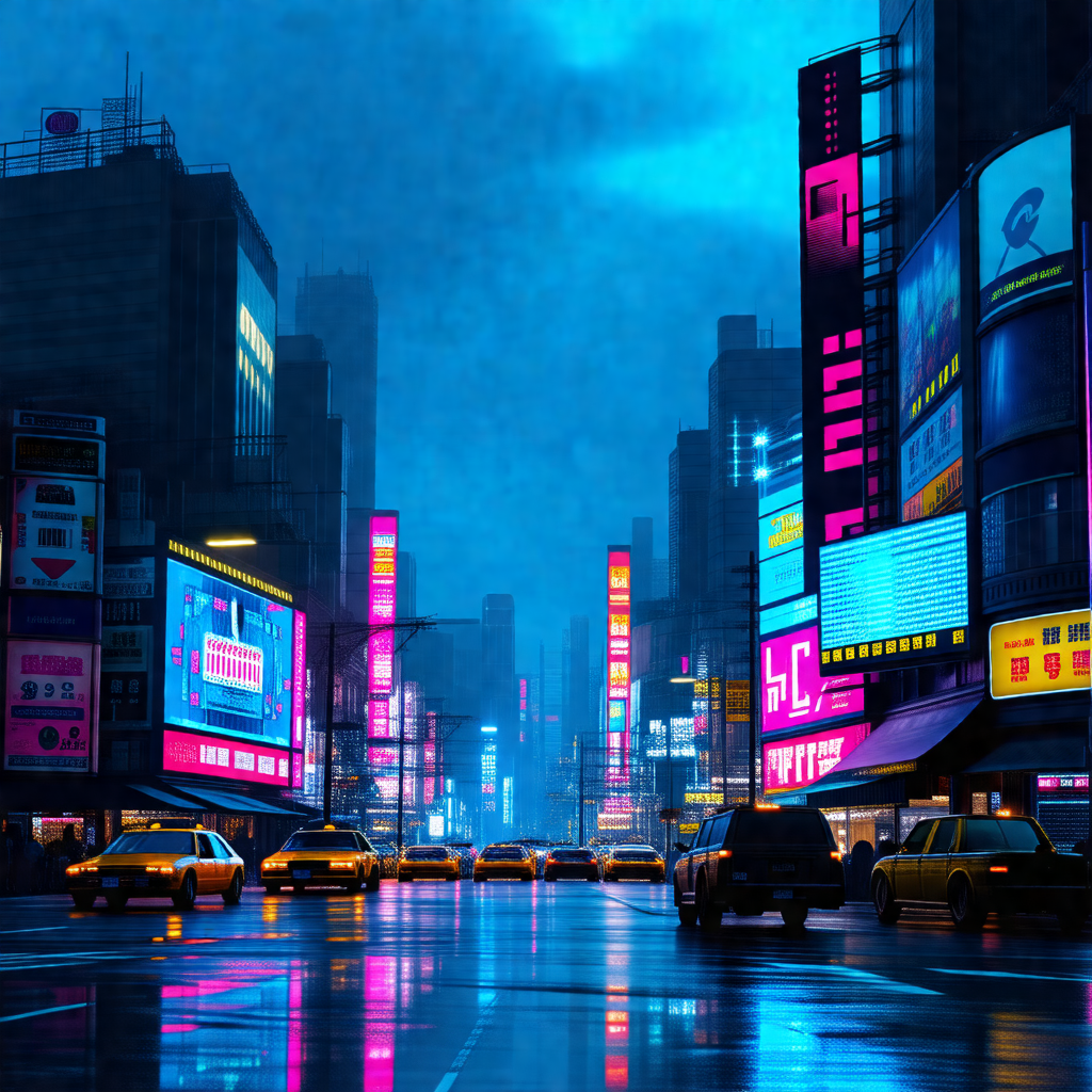 Busy city street at night, with a variety of vehicles and...