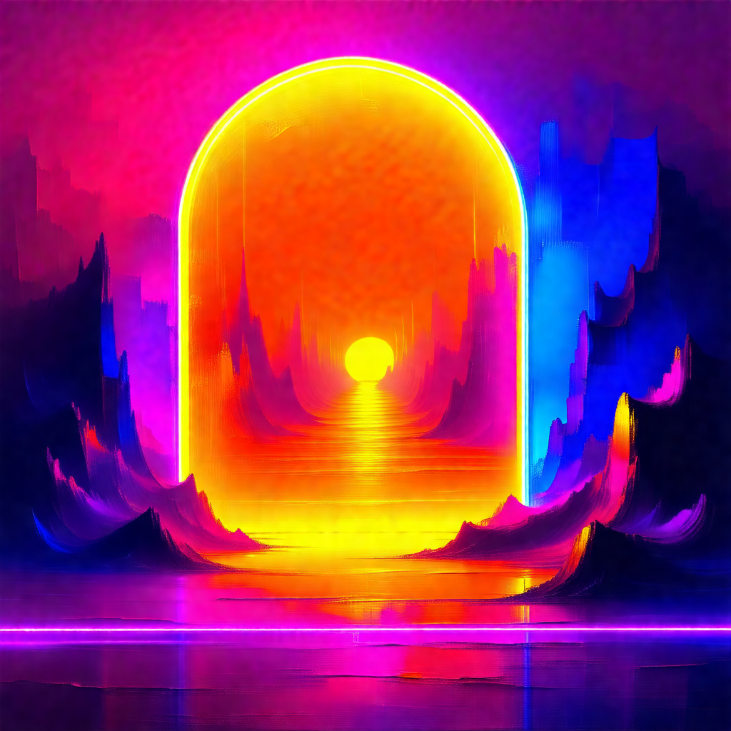 Colorful, surreal painting of a doorway that leads to a b...