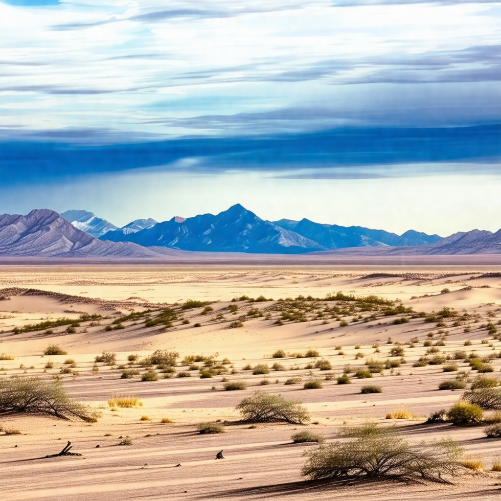 Vast, open desert landscape with a mountain range in the ...