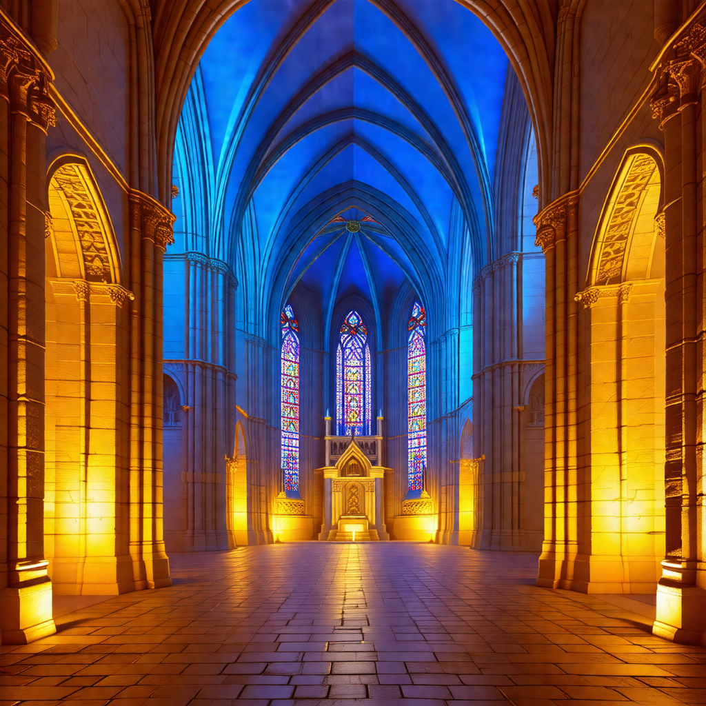 Large, ornate cathedral with a blue-lit atmosphere
