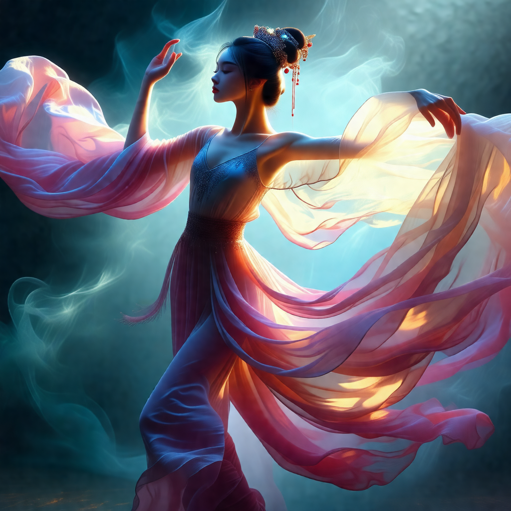 Woman dressed in a flowing pink gown, standing in a dark ...