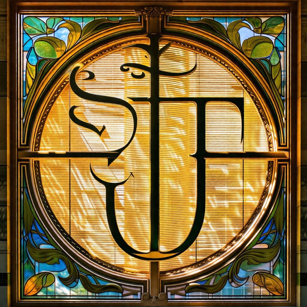 Stained glass window with a gold frame, showcasing a beau...