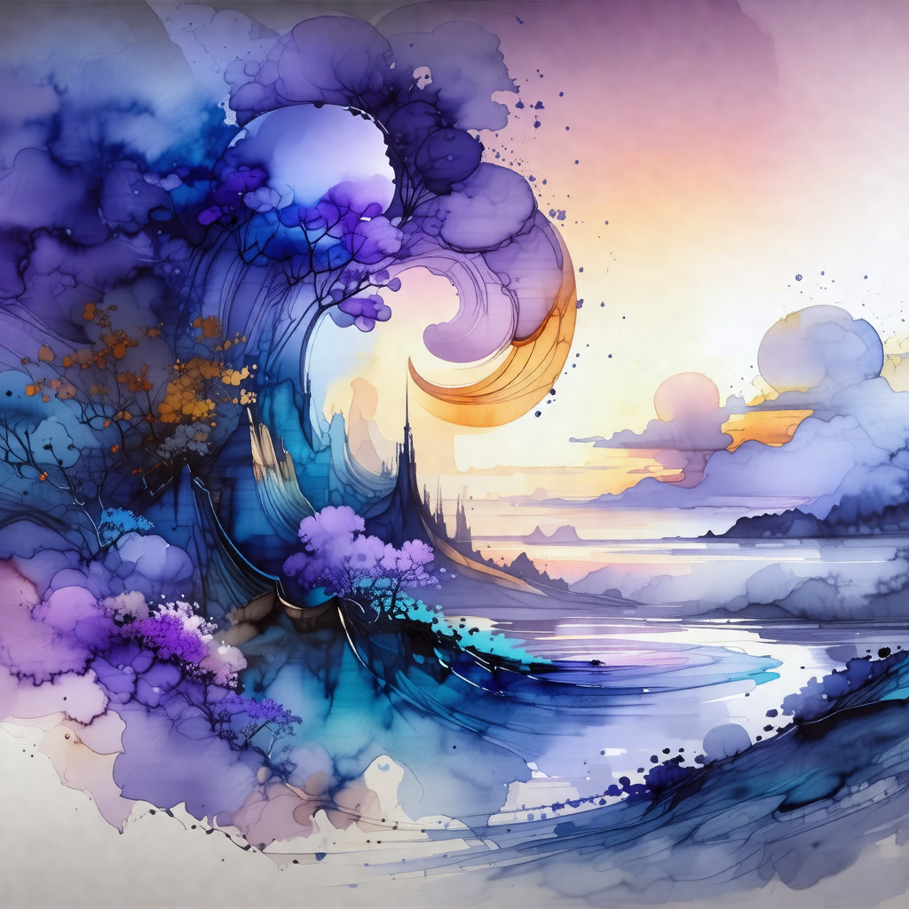 Watercolor painting of a tree with a wave in front of it