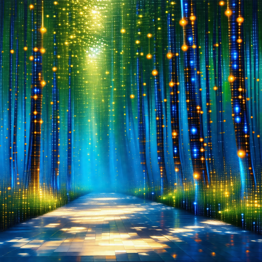 Brightly lit pathway surrounded by a forest of trees