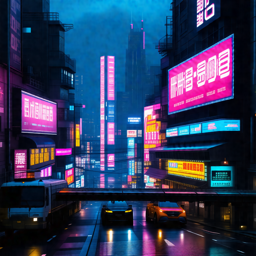 Busy city street at night, with a variety of vehicles and...