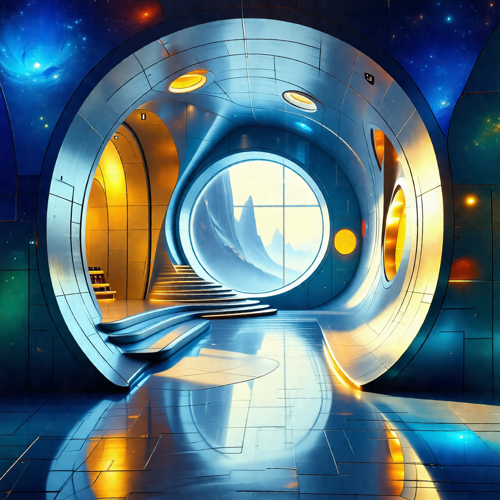 Painting of a futuristic space station with a large, curv...