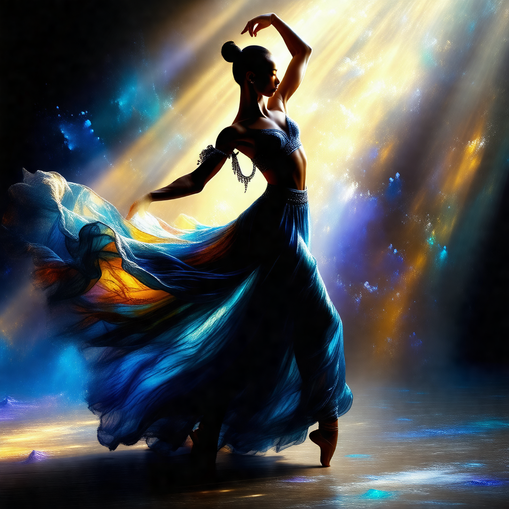 Woman in a blue dress, dancing gracefully on a stage