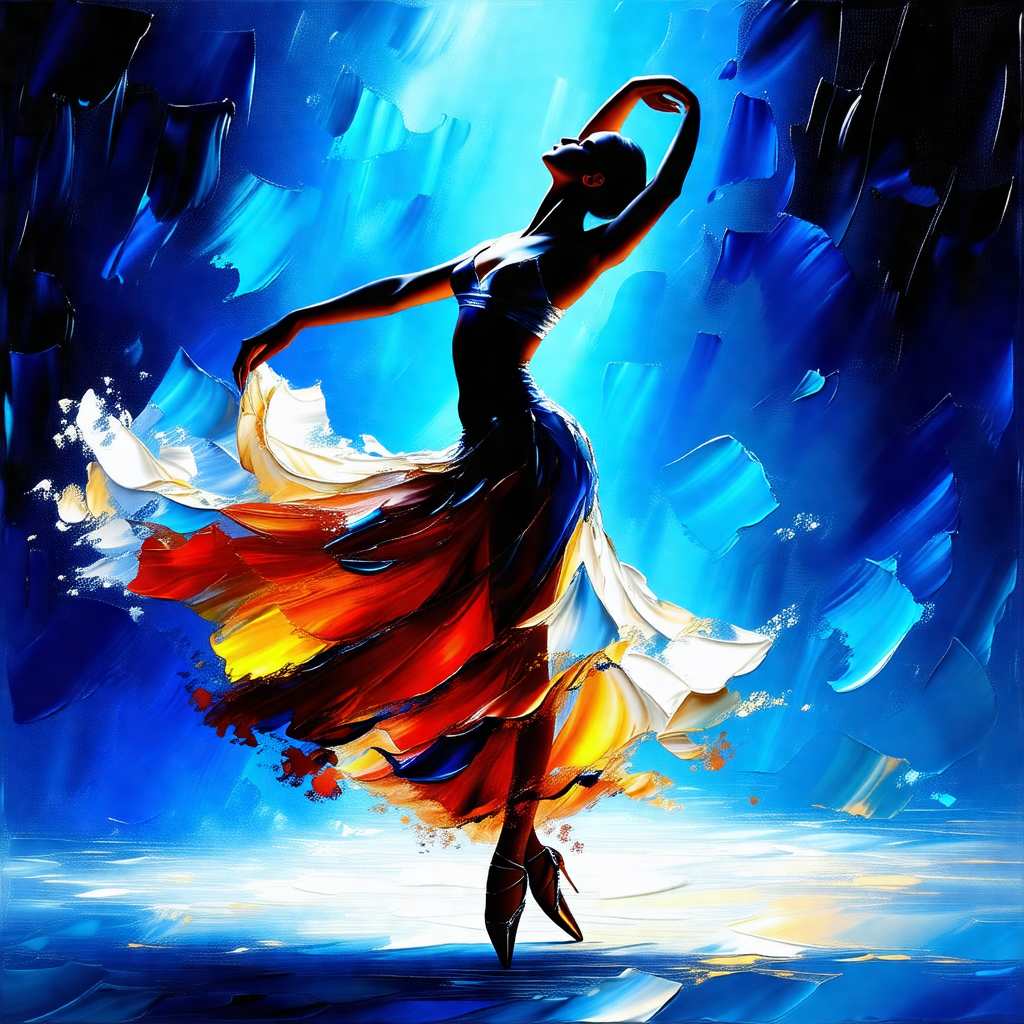 Painting of a woman in a flowing dress, dancing on a stage