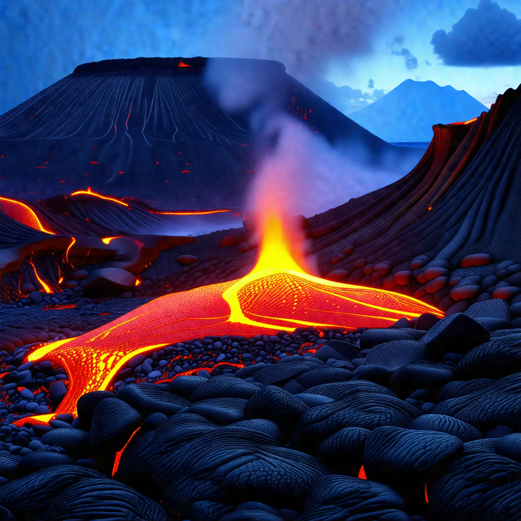 Volcanic landscape with a large, glowing lava flow