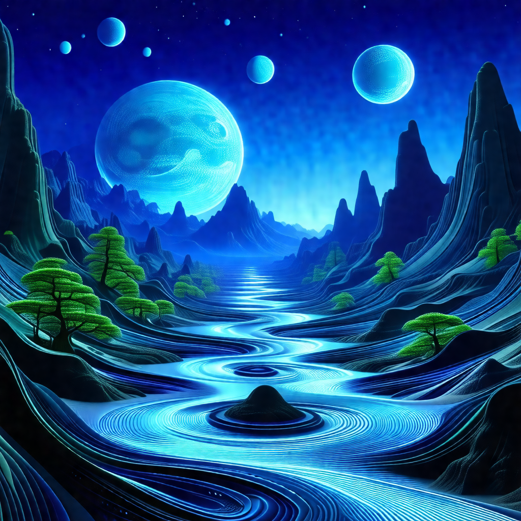 Serene scene of a river flowing through a valley, surroun...