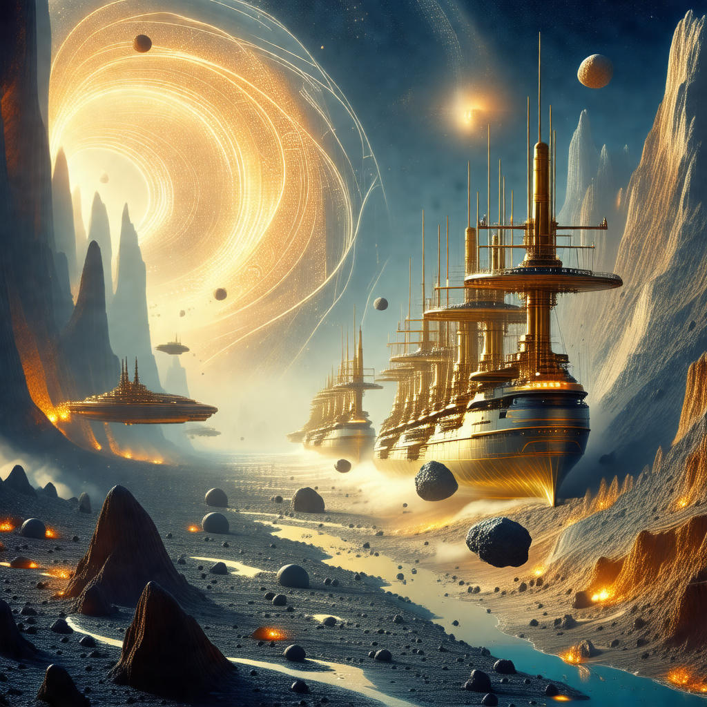 Painting of a futuristic scene with a large spaceship flo...