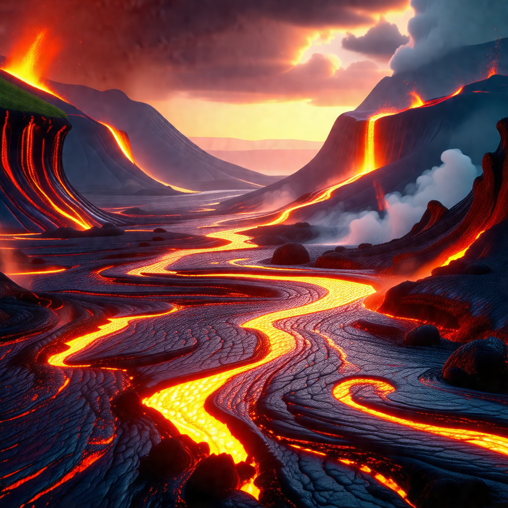 Digital painting of a volcanic landscape with a river of ...