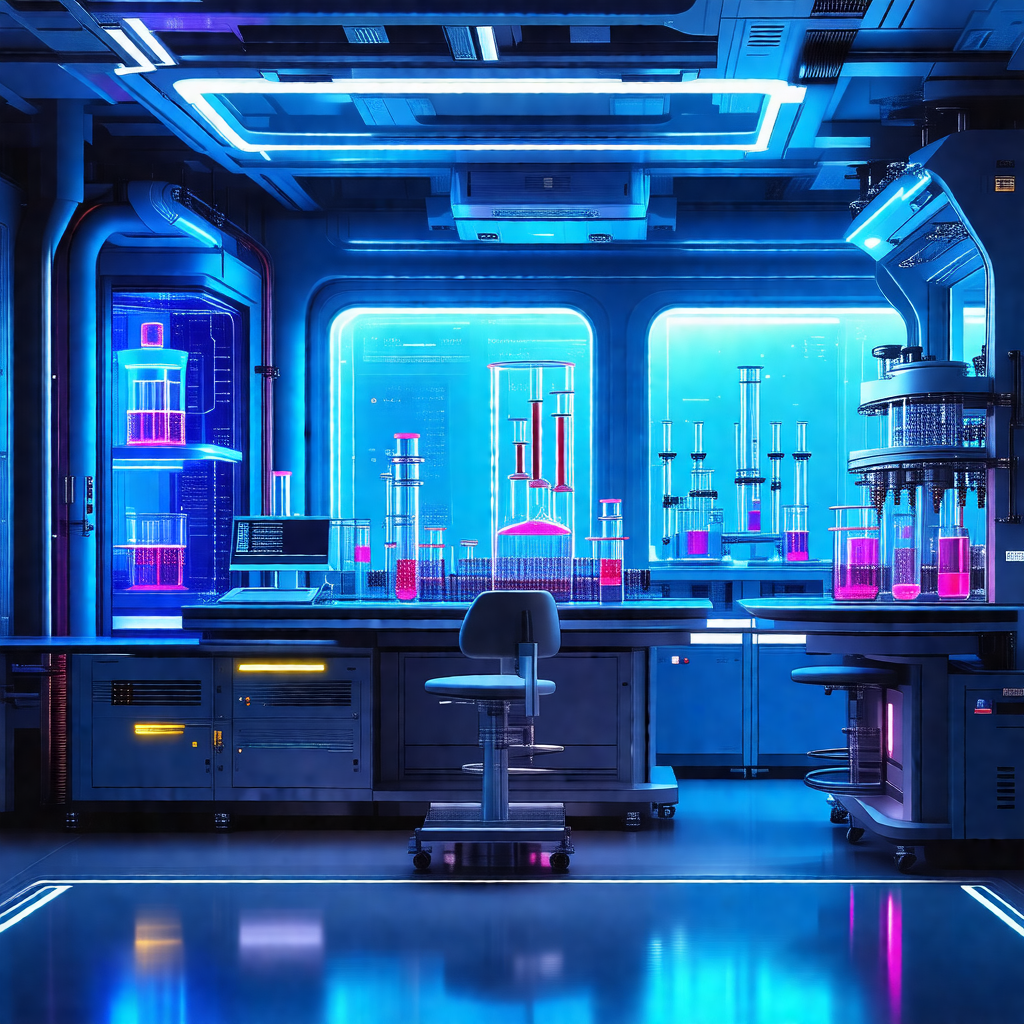 Futuristic laboratory with a blue glow, featuring a large...