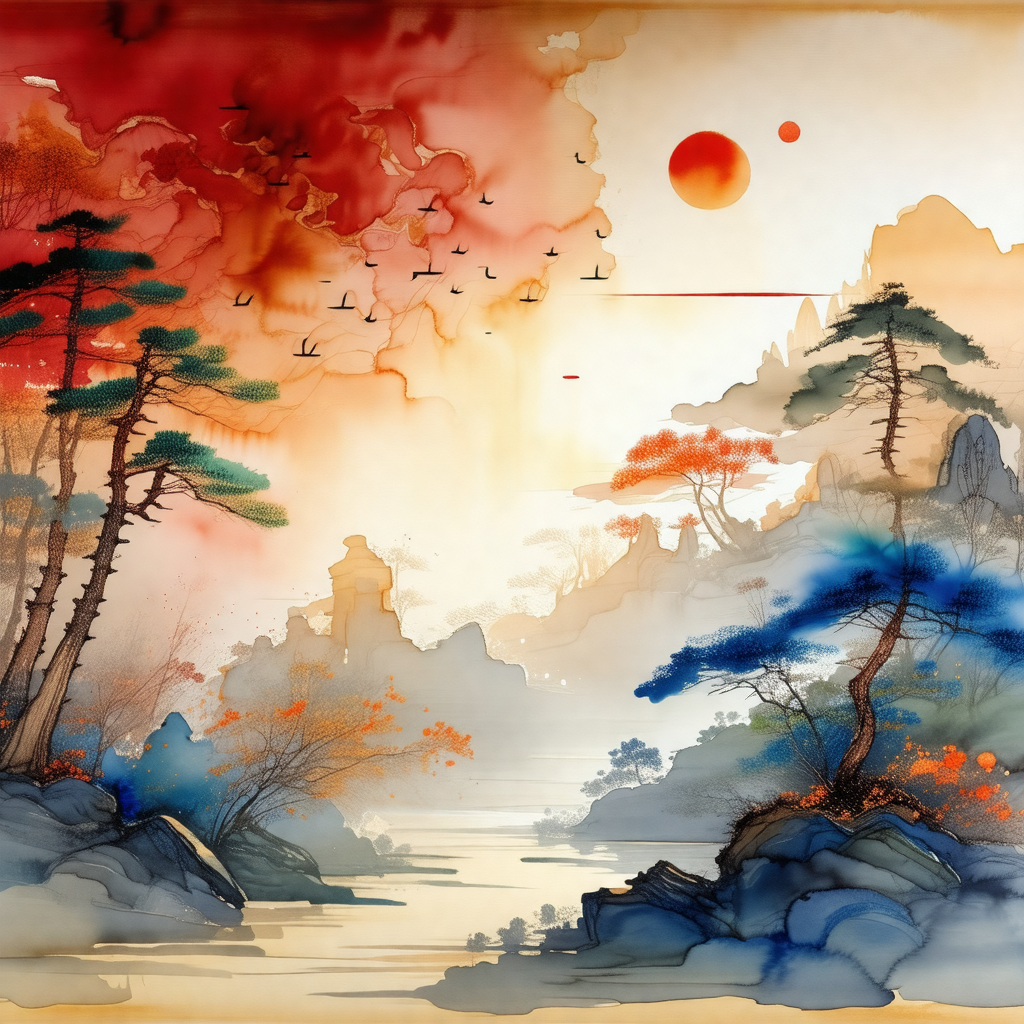 Painting of a beautiful landscape featuring a river flowi...