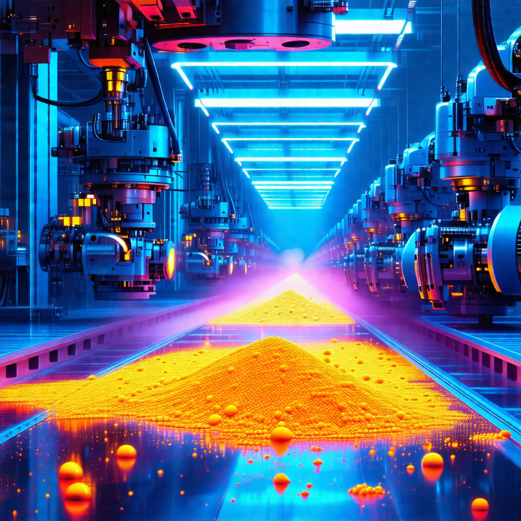 Factory with a conveyor belt filled with a yellow substan...