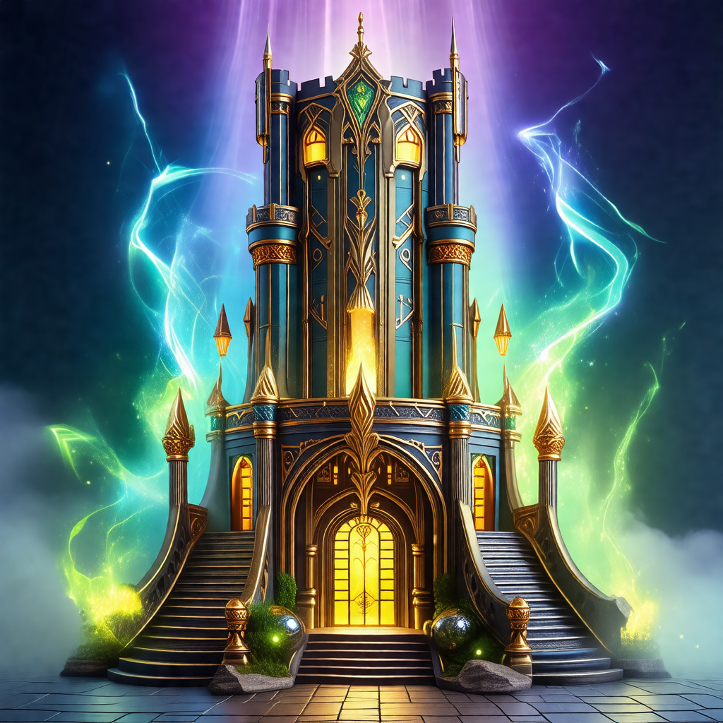 Large, ornate castle with a blue and gold color scheme