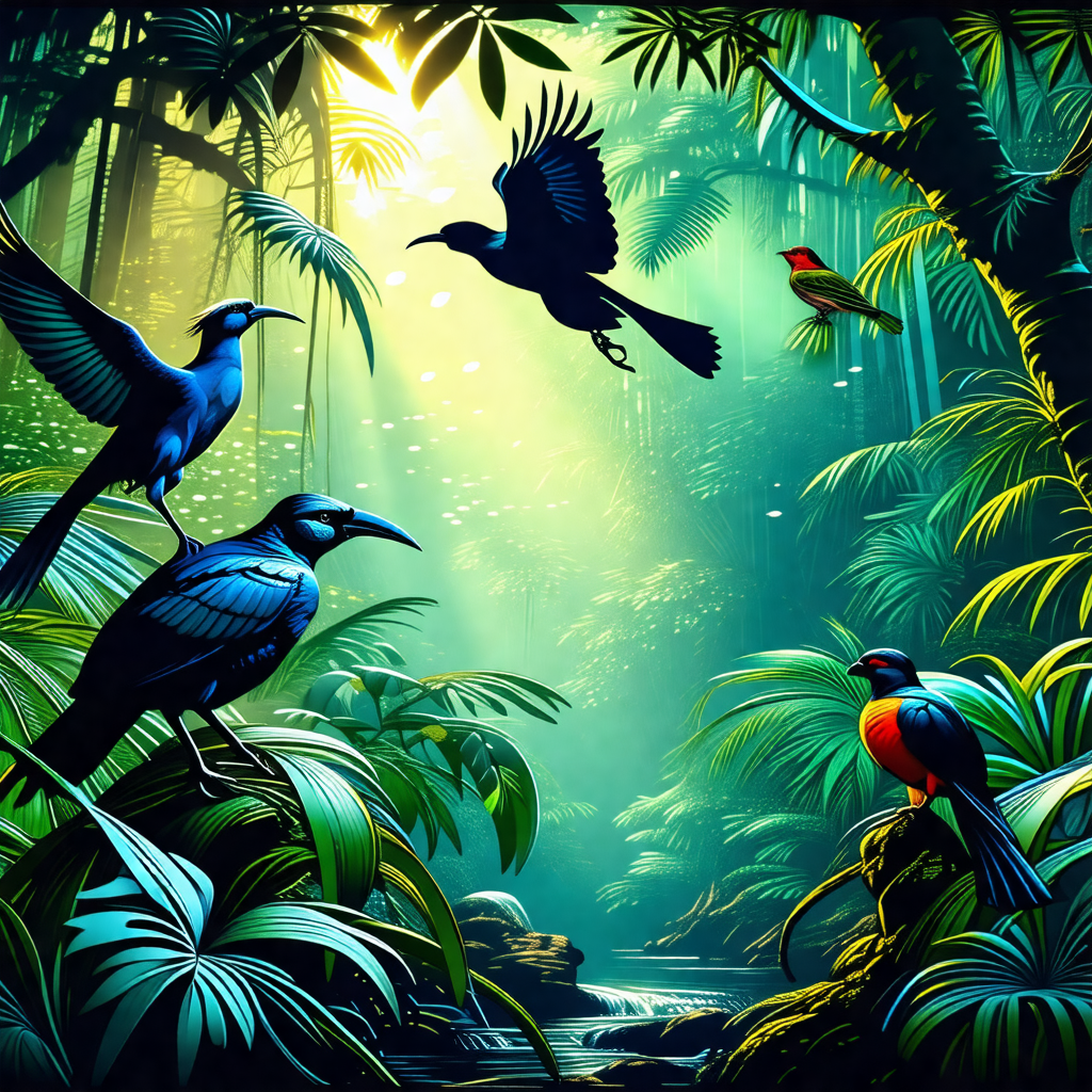Lush, tropical forest filled with various birds