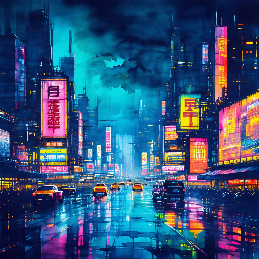 Colorful painting of a city street at night