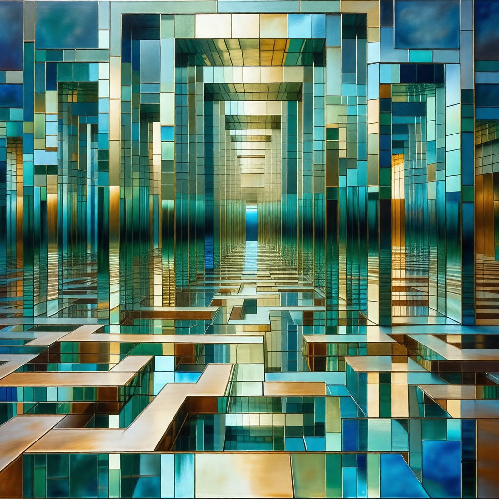 Painting of a large, open, and empty room with a reflecti...