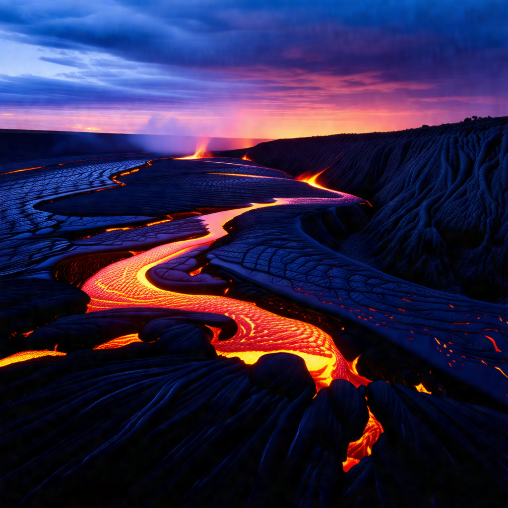 Red river flowing through a valley, with a mountain range...