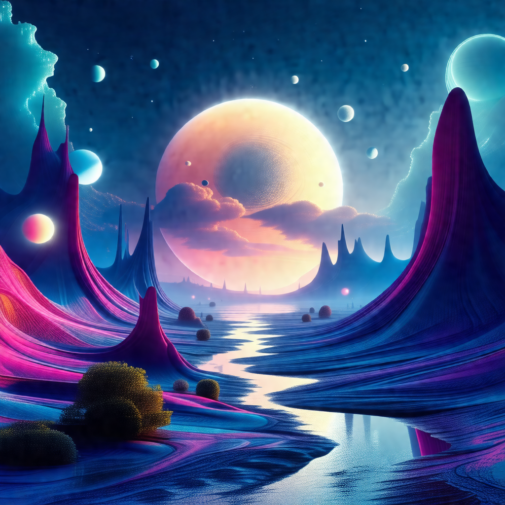 Colorful and imaginative painting of a futuristic landscape