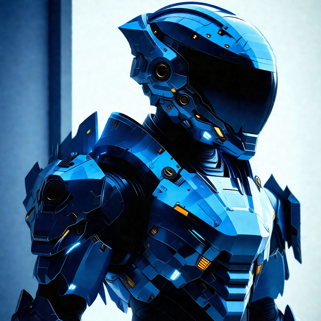 Futuristic robot with a blue helmet, standing in a room