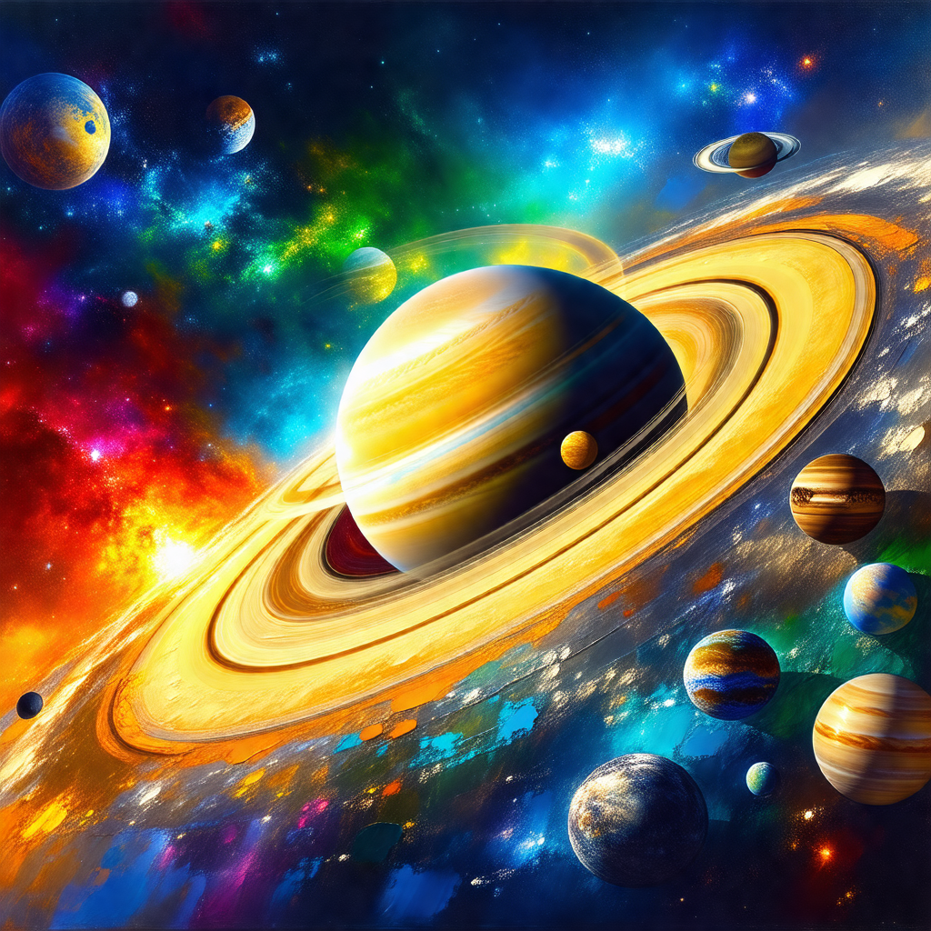 Colorful painting of a solar system, featuring a large, y...