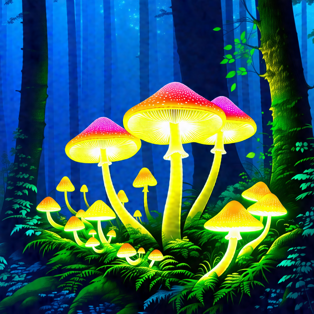 Forest with a group of brightly lit mushrooms growing on ...