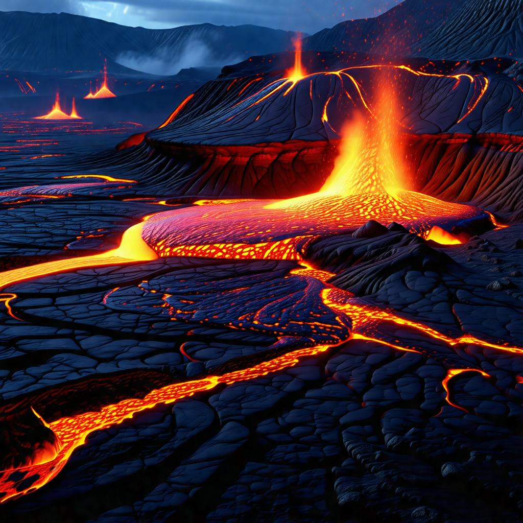 Breathtaking scene of a volcano with lava flowing down it...