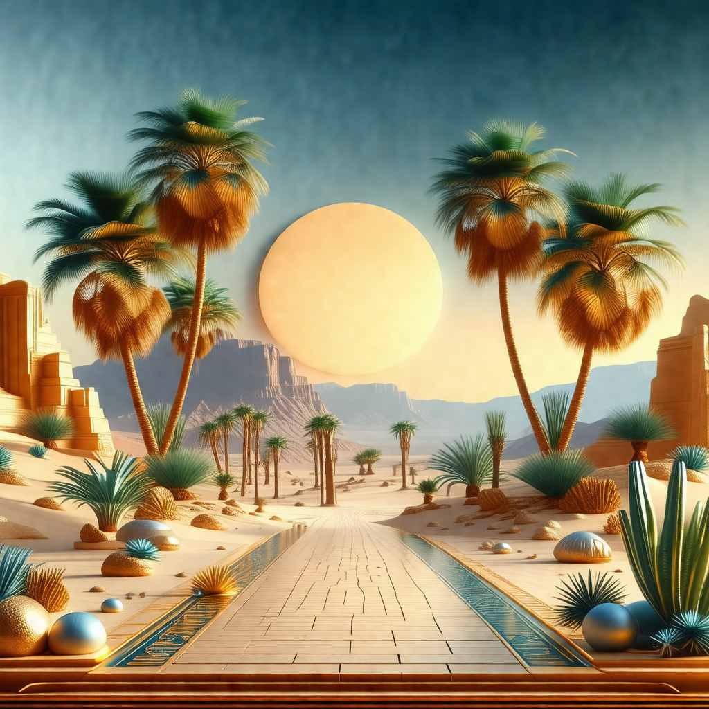 Painting of a desert landscape with a pathway leading to ...