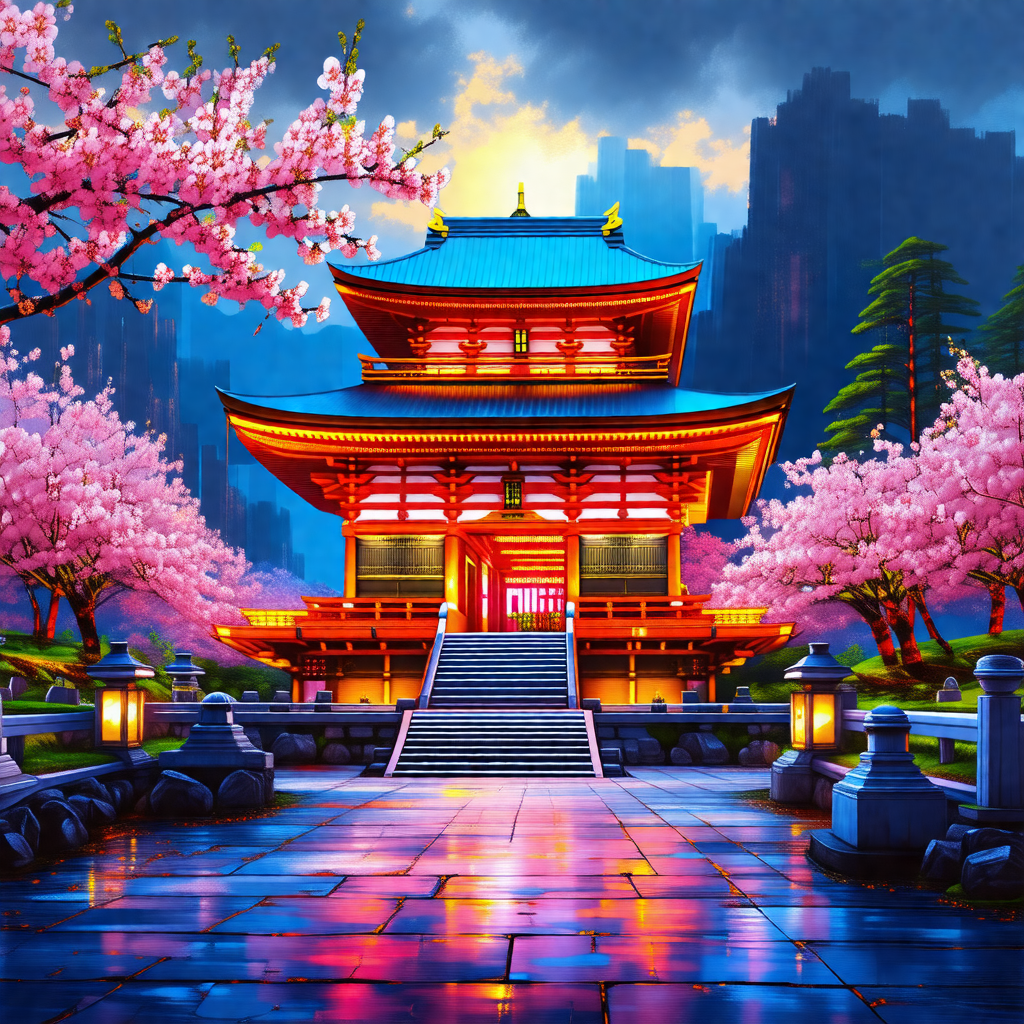 Beautifully designed asian-style building with a red roof...