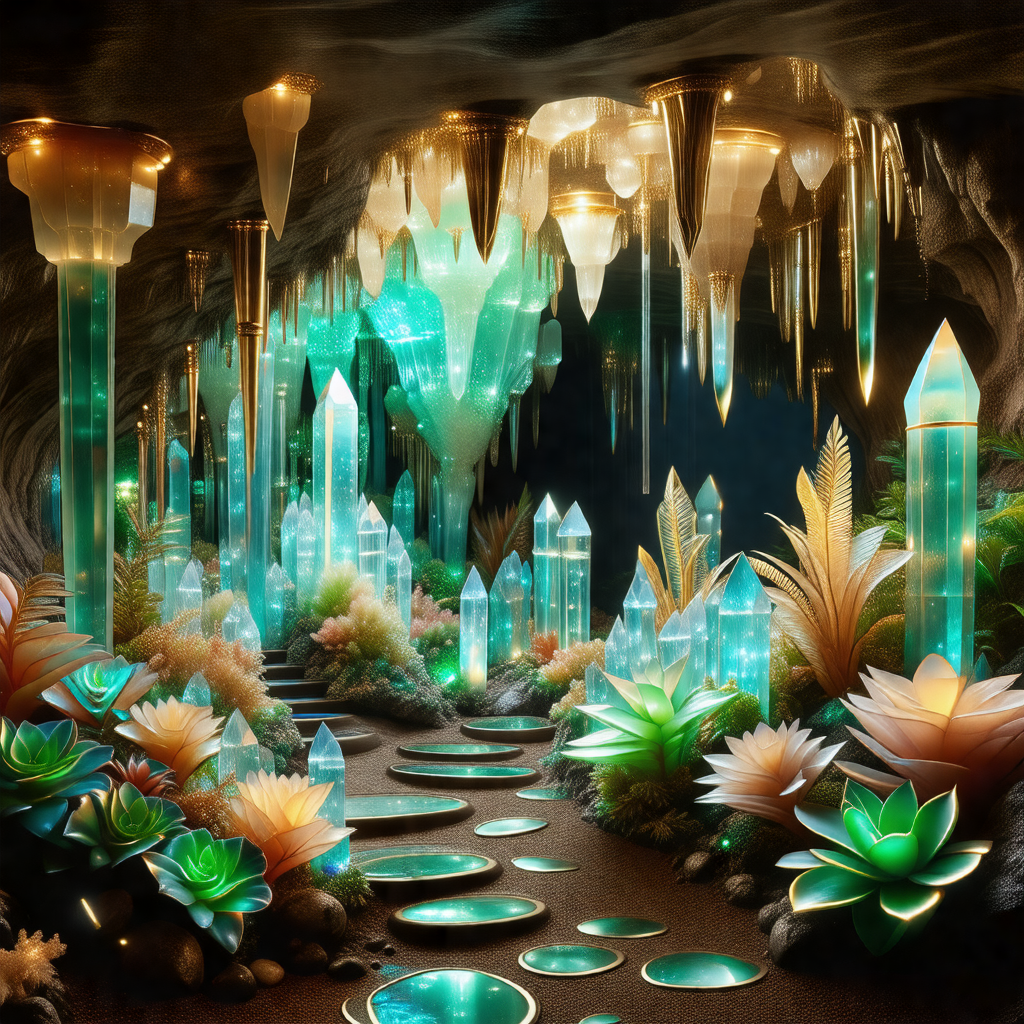 Cave with a variety of colorful crystals and plants