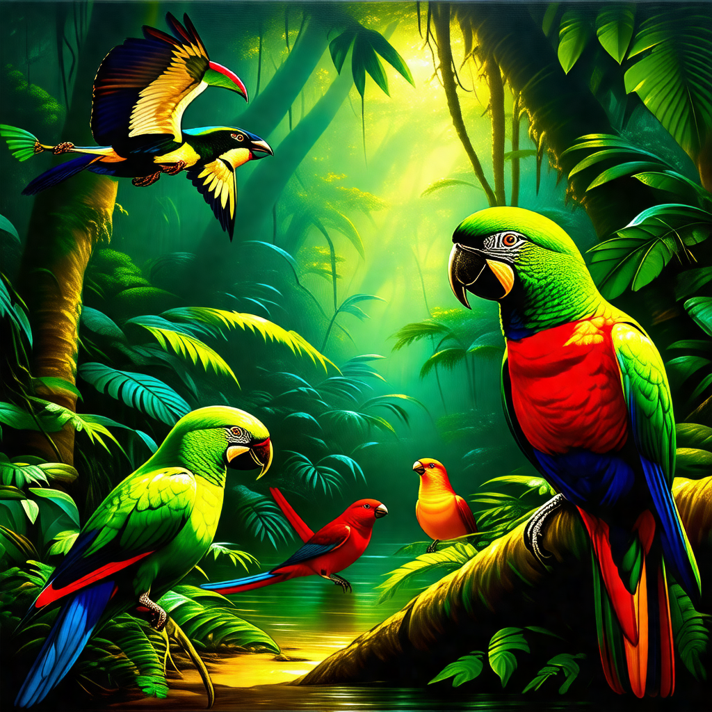Lush green forest with a variety of birds and parrots