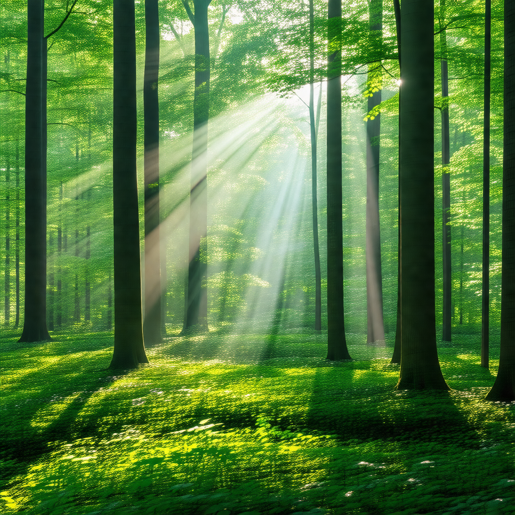 Lush green forest with a bright sun shining through the t...
