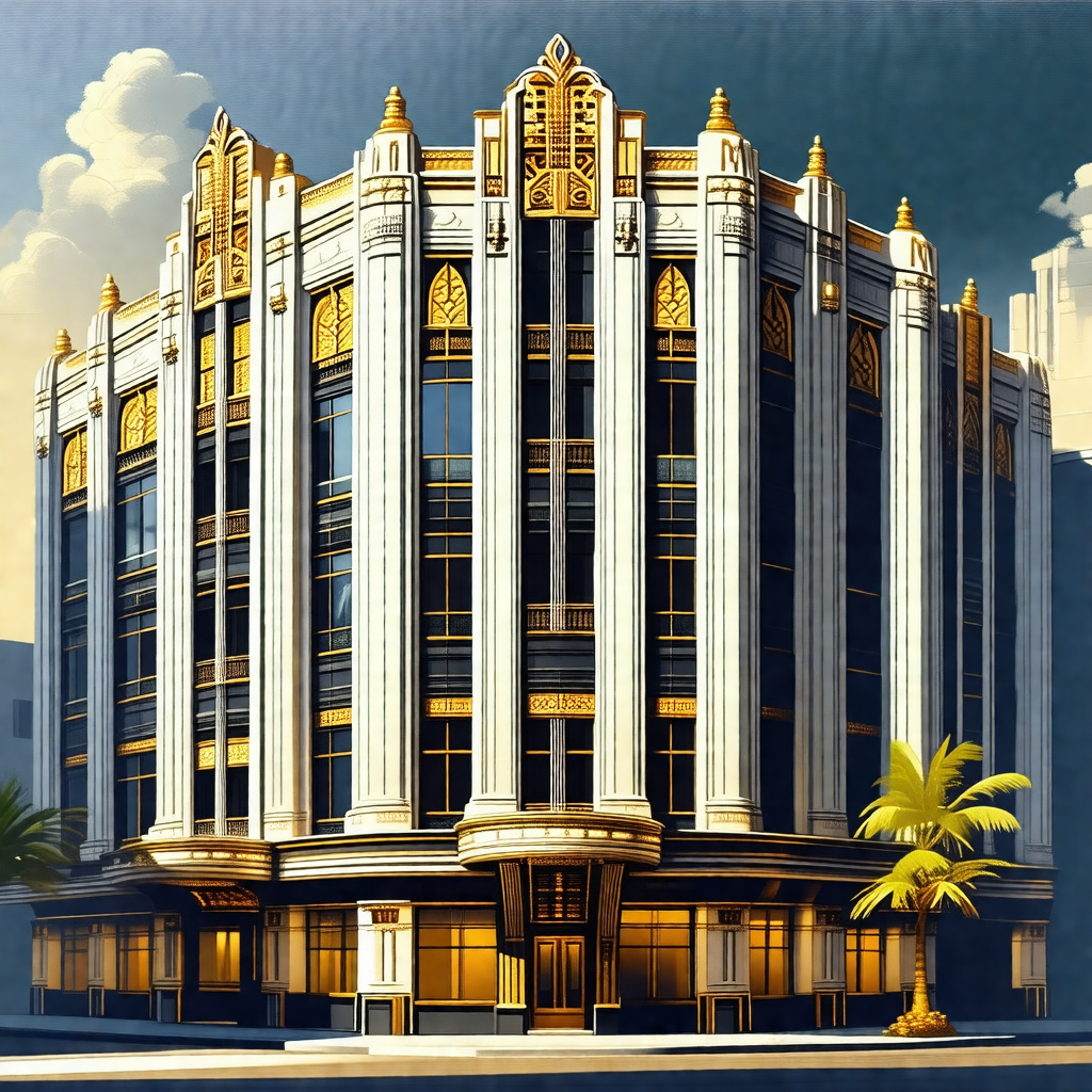 Painting of a large, ornate building with a gold and whit...