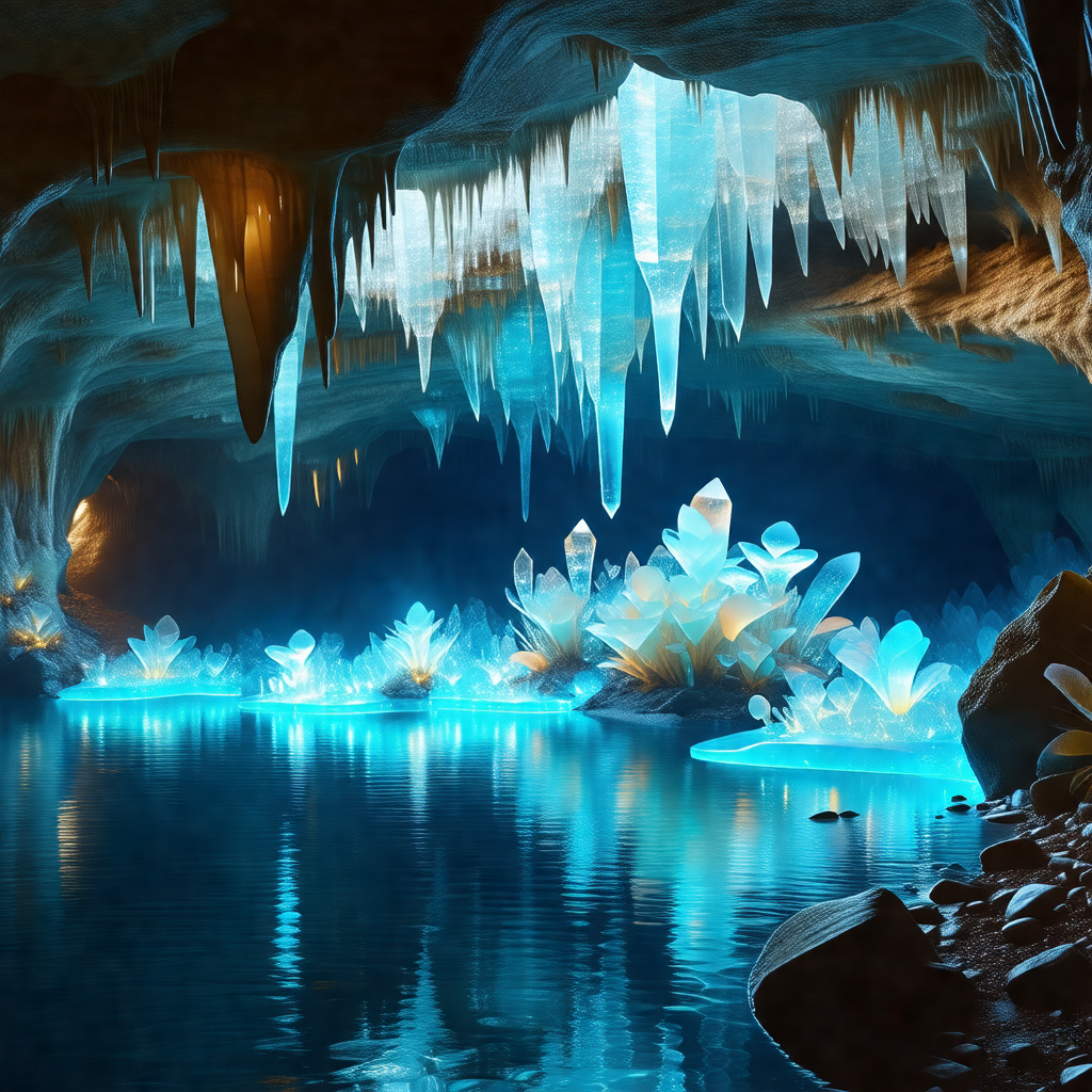 Cave with a blue light illuminating the interior