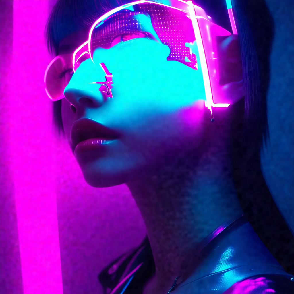 Woman wearing a futuristic, glowing headpiece
