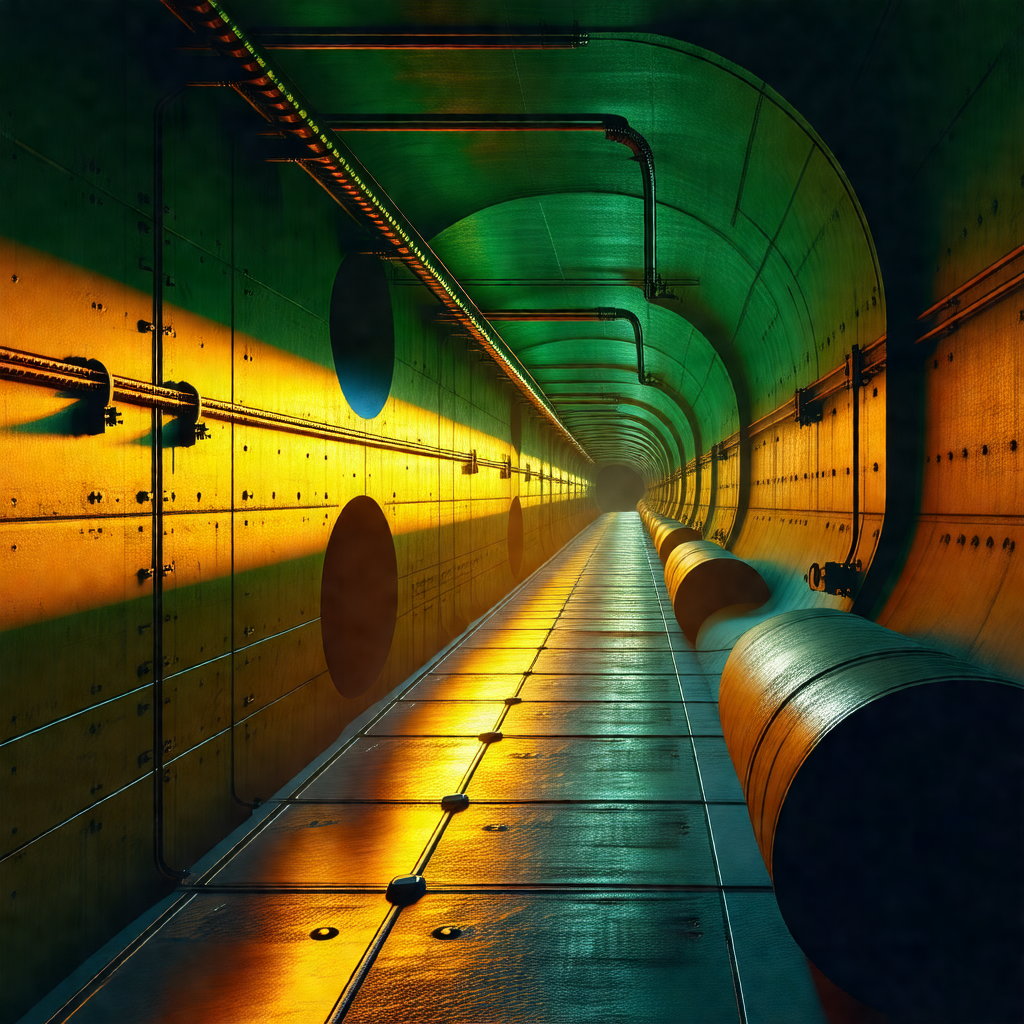 Long, narrow tunnel with a bright yellow light illuminati...