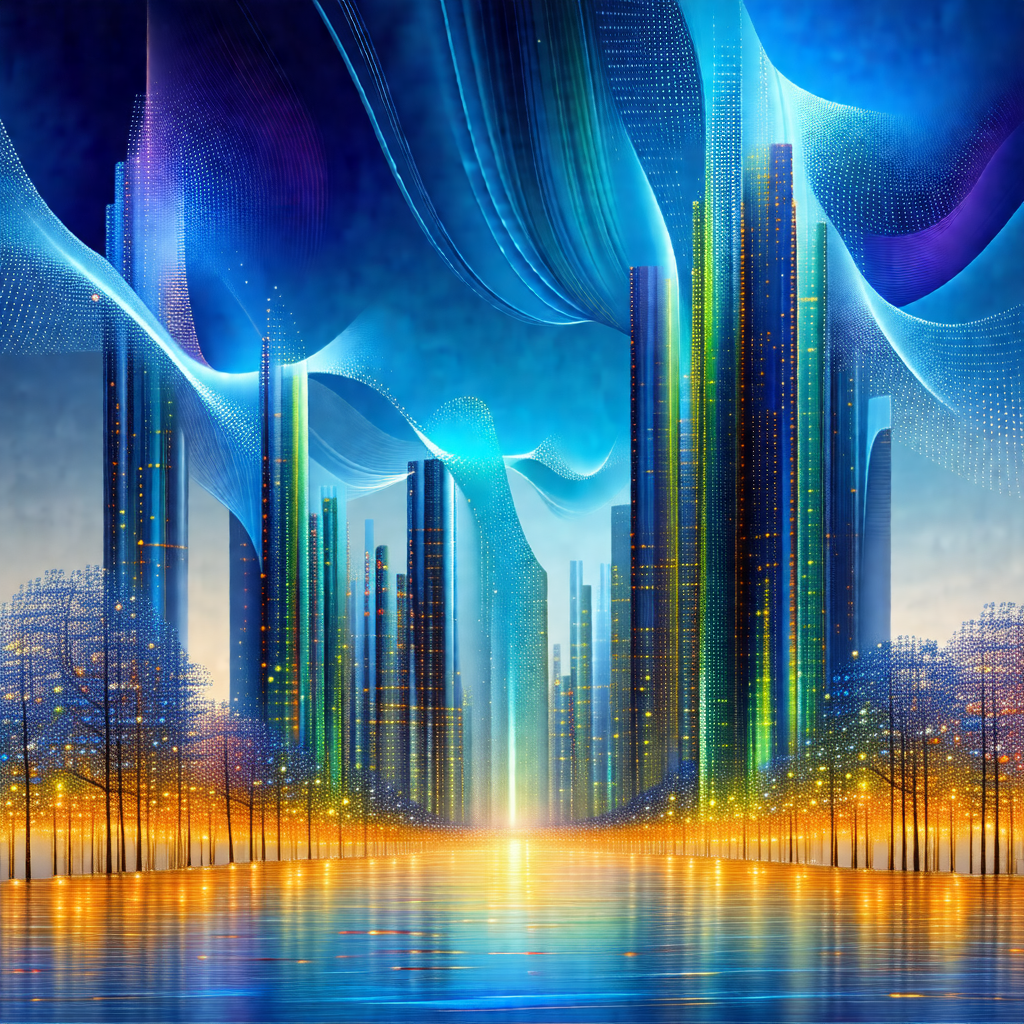 Painting of a cityscape at night, featuring a large build...