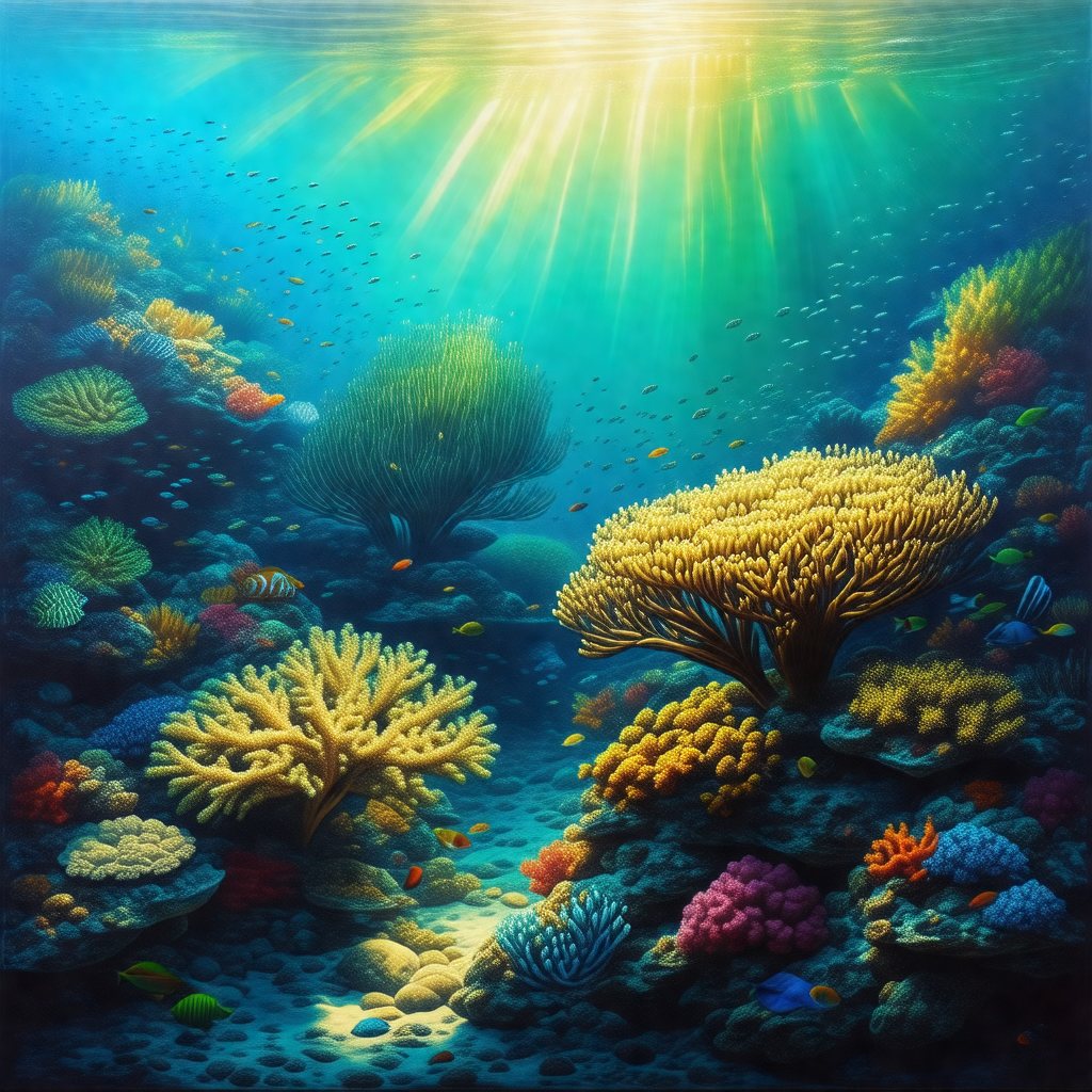Vibrant underwater scene with a variety of colorful coral...