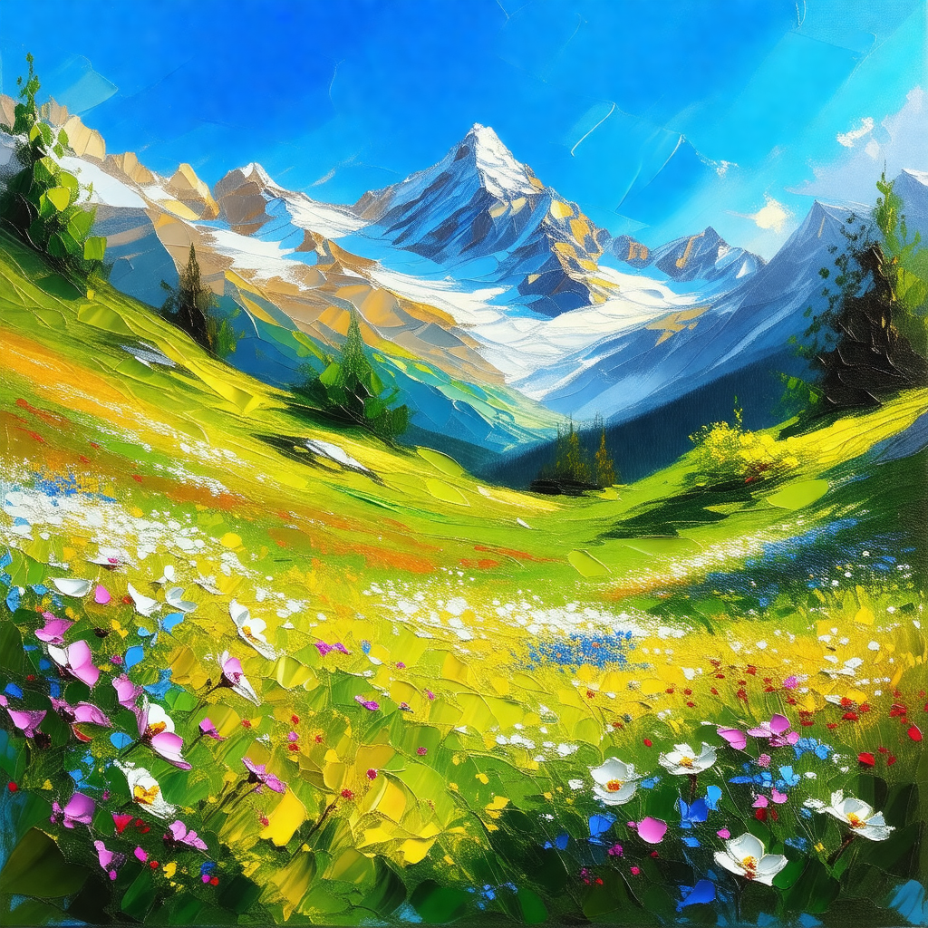 Beautiful mountain landscape with a lush green field and ...