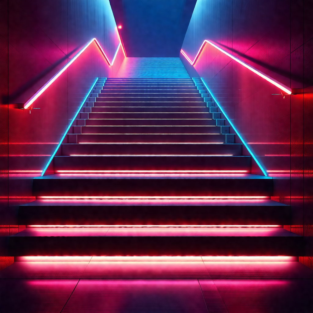 Staircase with a red and blue light illuminating the steps