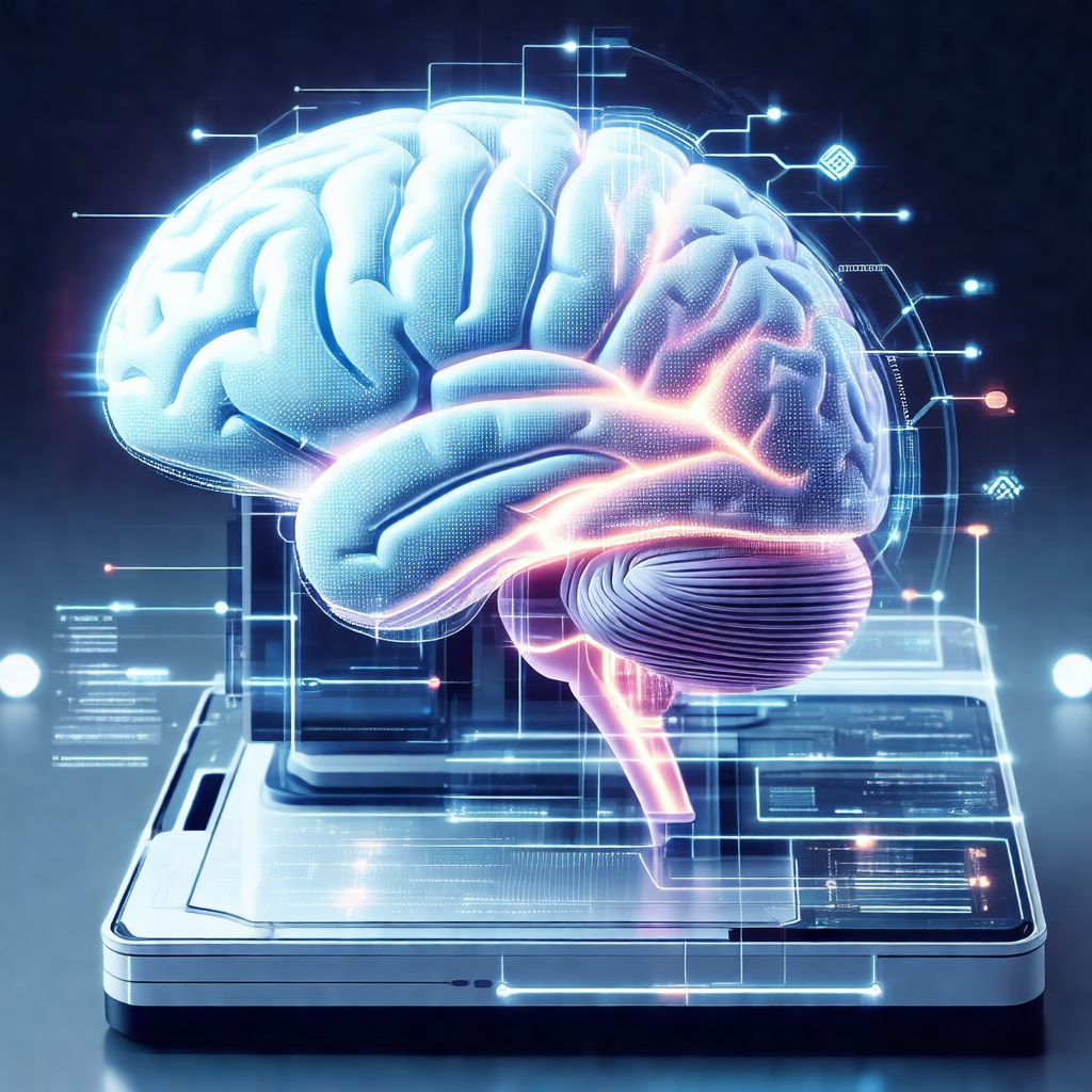 Close-up of a human brain, with a computer monitor placed...