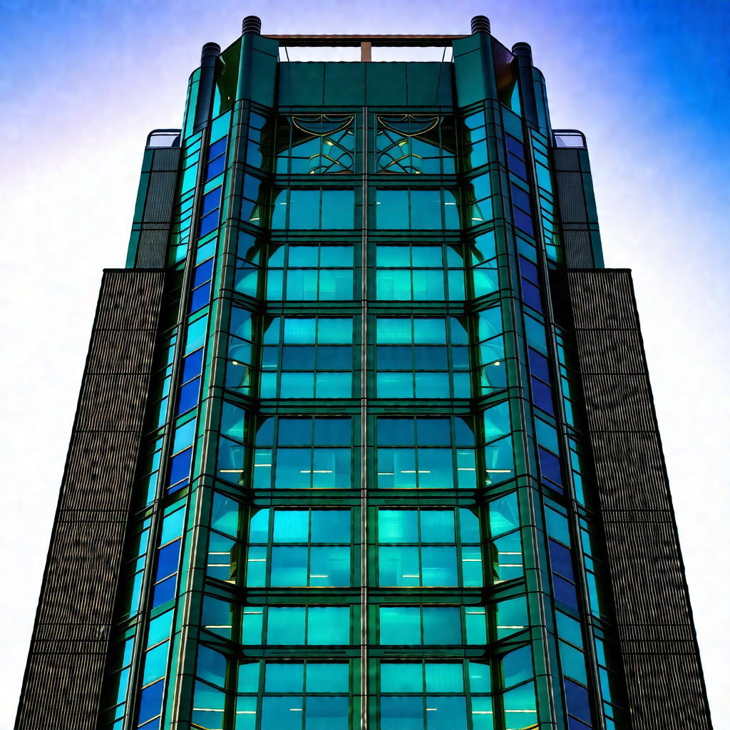 Tall, multi-story building with a large glass window on t...