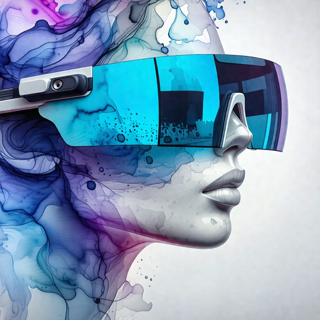 Woman wearing a pair of blue goggles, giving her a futuri...
