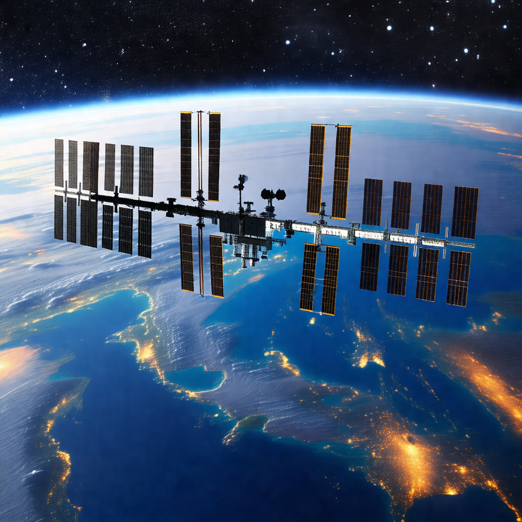 Space station with a large satellite dish on top of it