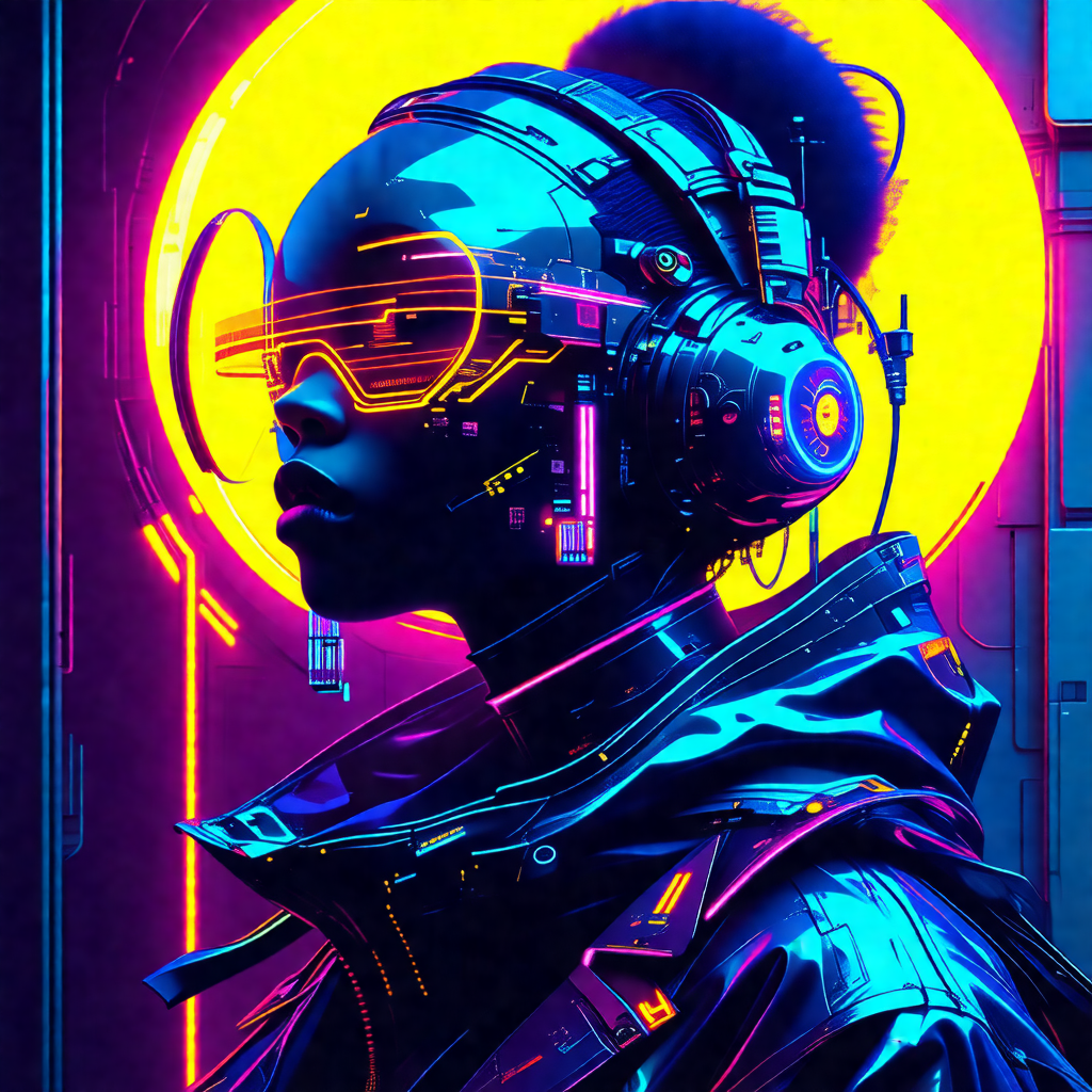 Woman wearing a futuristic outfit, including a black jack...